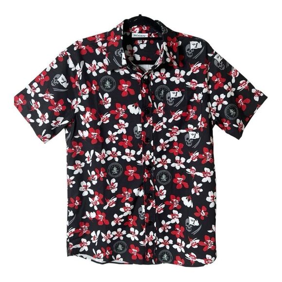 Roody Mens Black Red White Skull Hawaiian Floral Button Down Shirt Size Medium - Picture 1 of 6